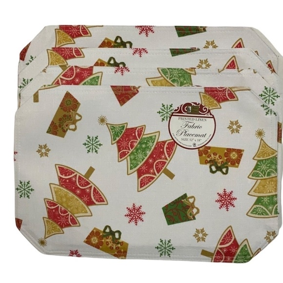 Printed Linen Fabric Placemats Christmas Holiday Reversible 12 in X 18 in White - Picture 1 of 7